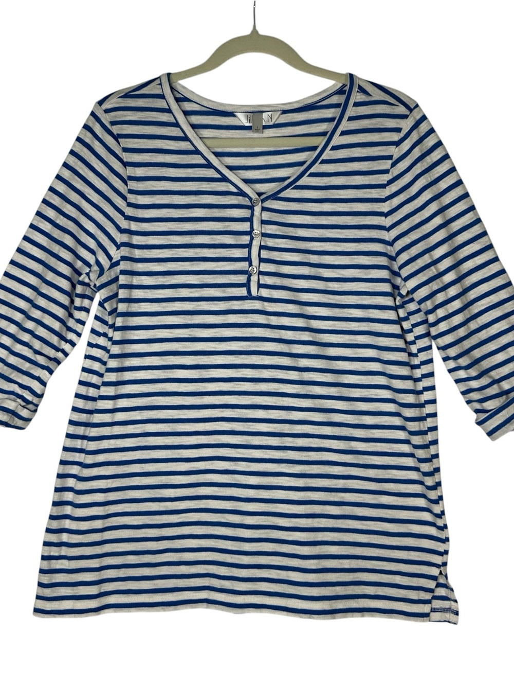 Jillian N Striped Henley Top Large Blue White Nautical Coastal Grandmother